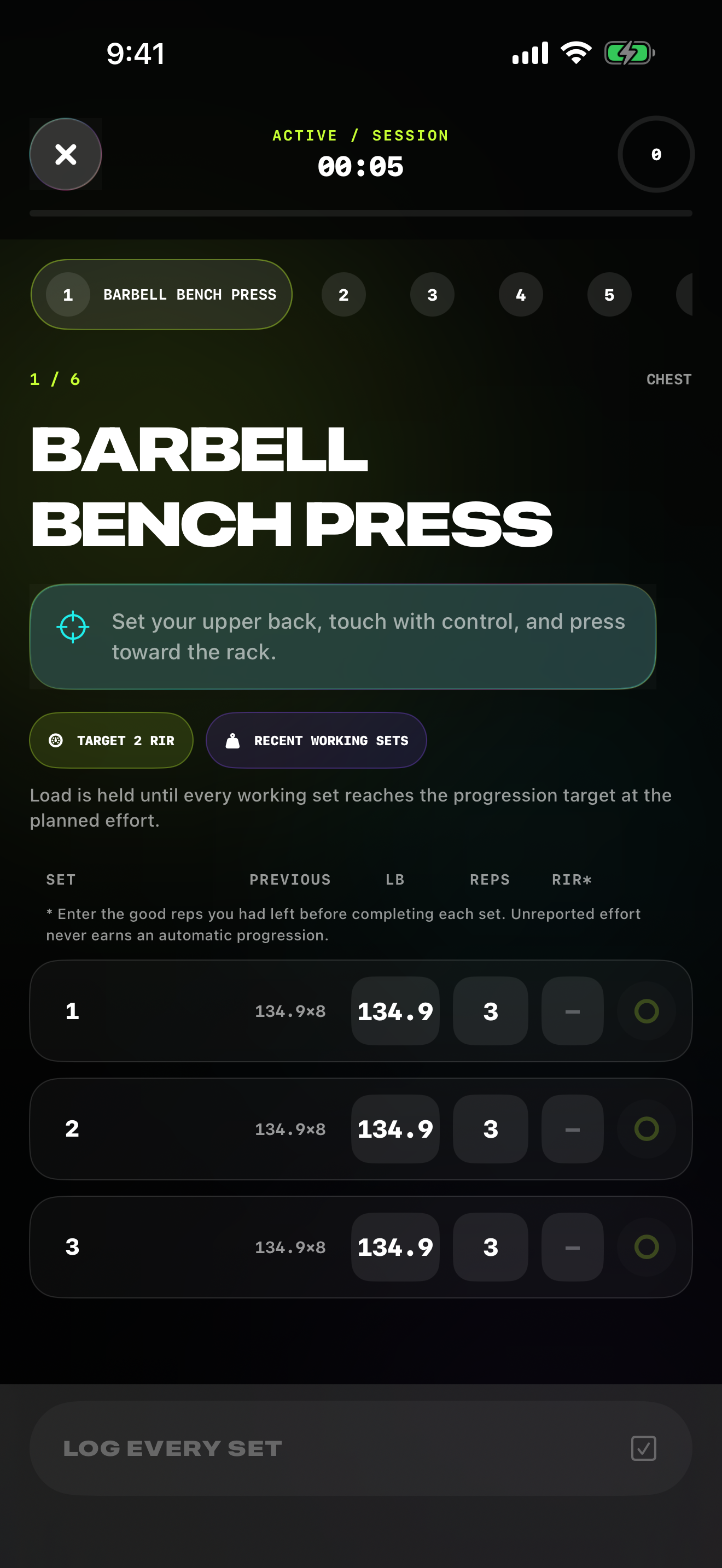 Earned active workout screen for logging a strength-training session