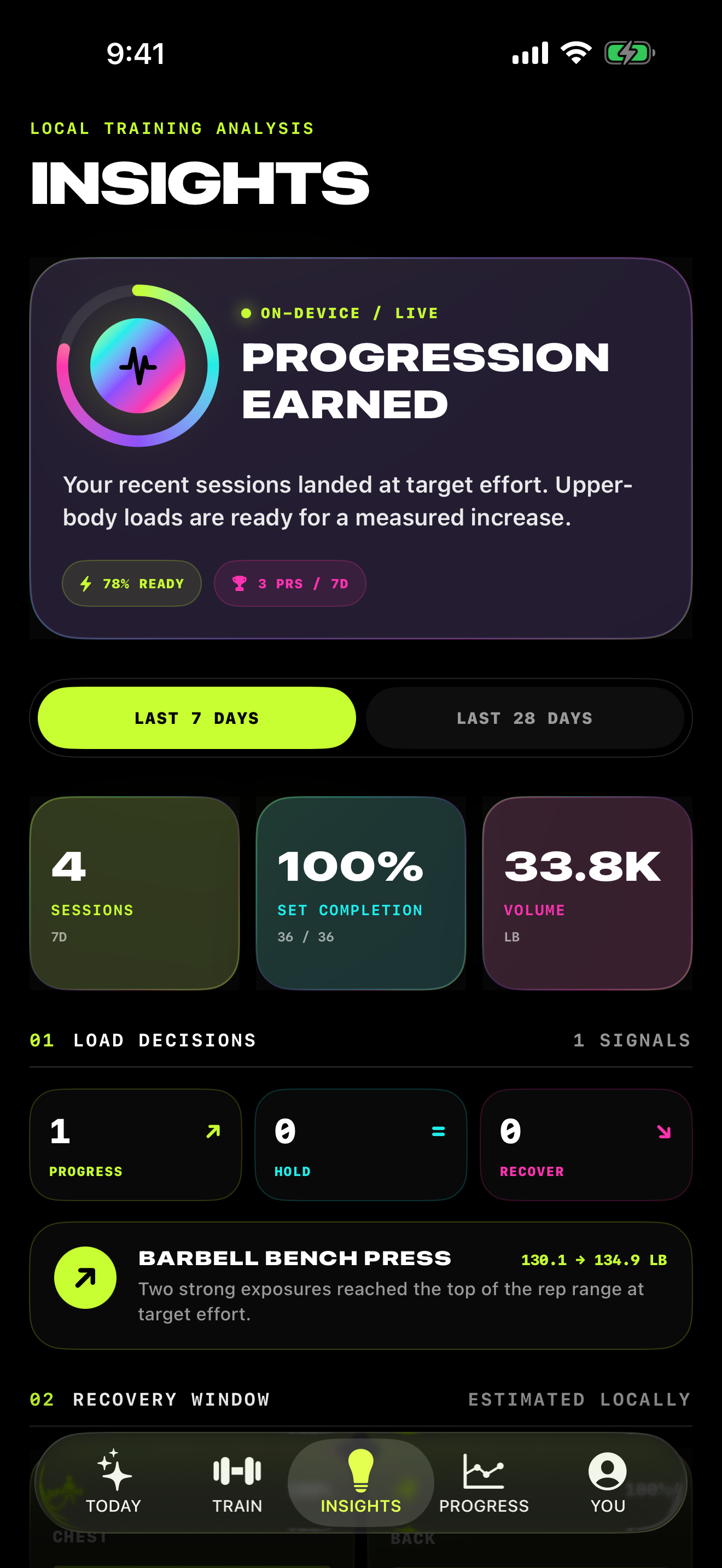 Earned Insights screen showing strength and training-volume trends