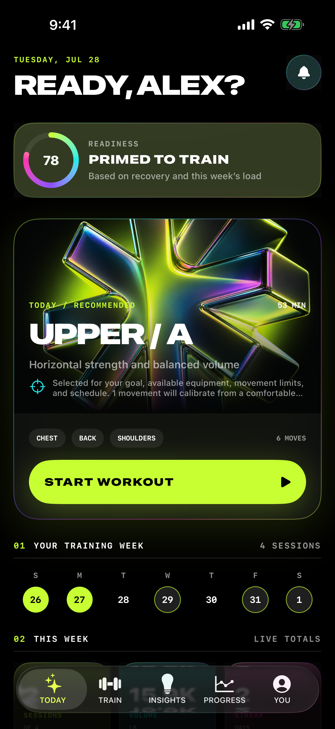 Earned Today screen with readiness, weekly progress, and the next recommended workout