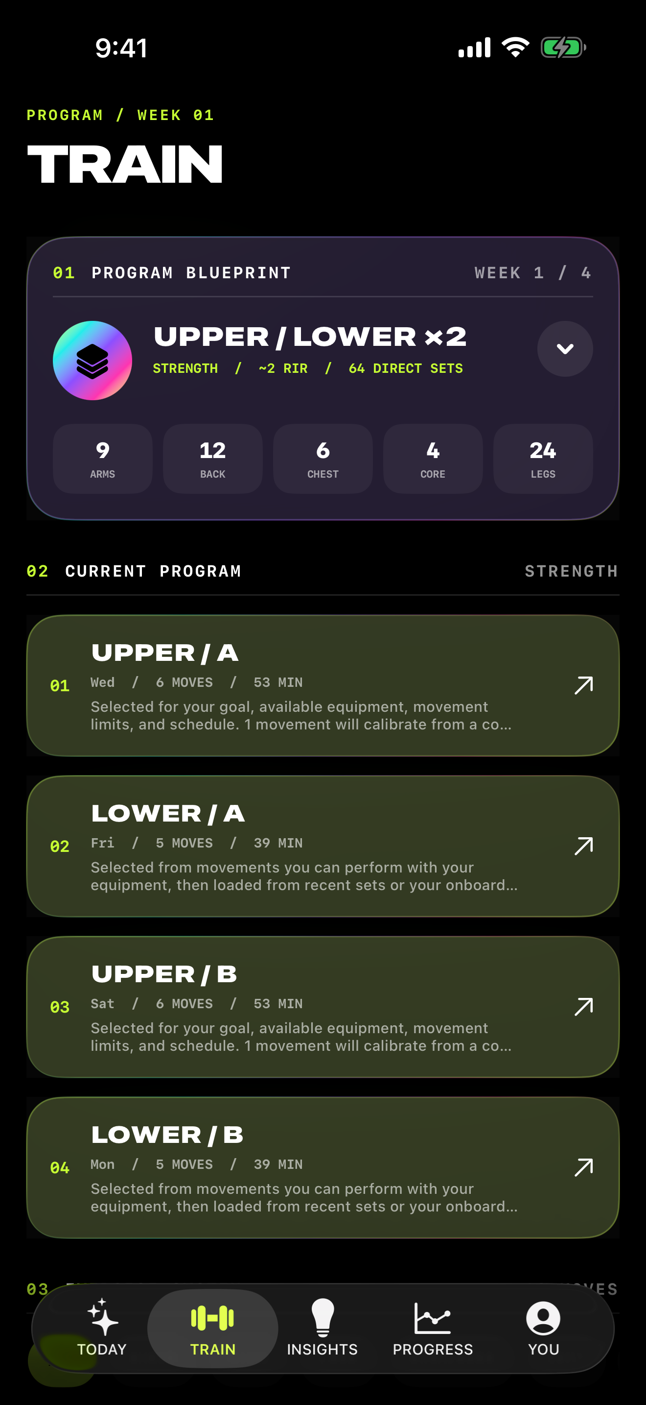 Earned Train screen showing an adaptive weekly strength plan