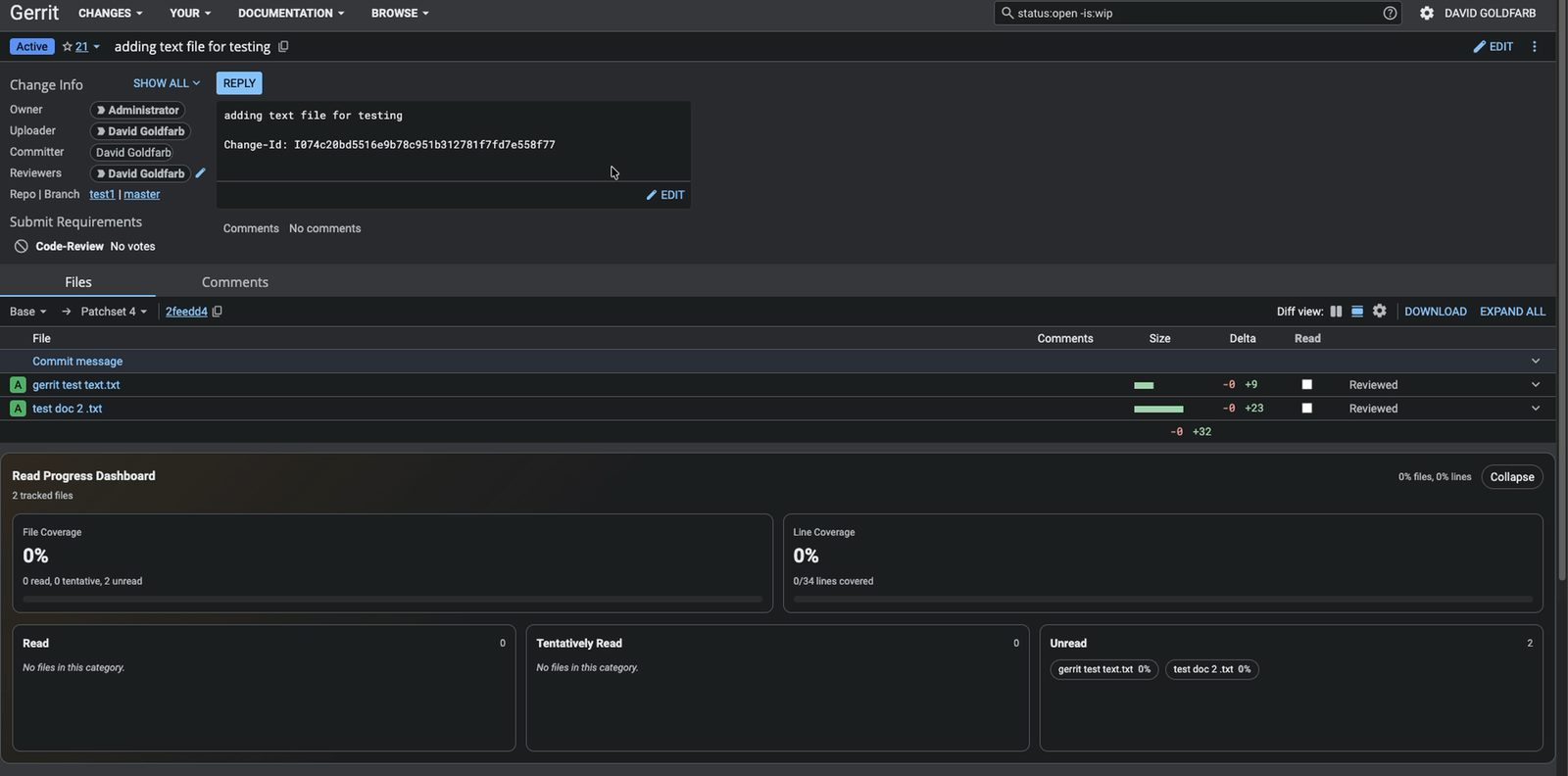 Gerrit code review interface showing per-file read checkboxes and a Read Progress Dashboard with file and line coverage metrics