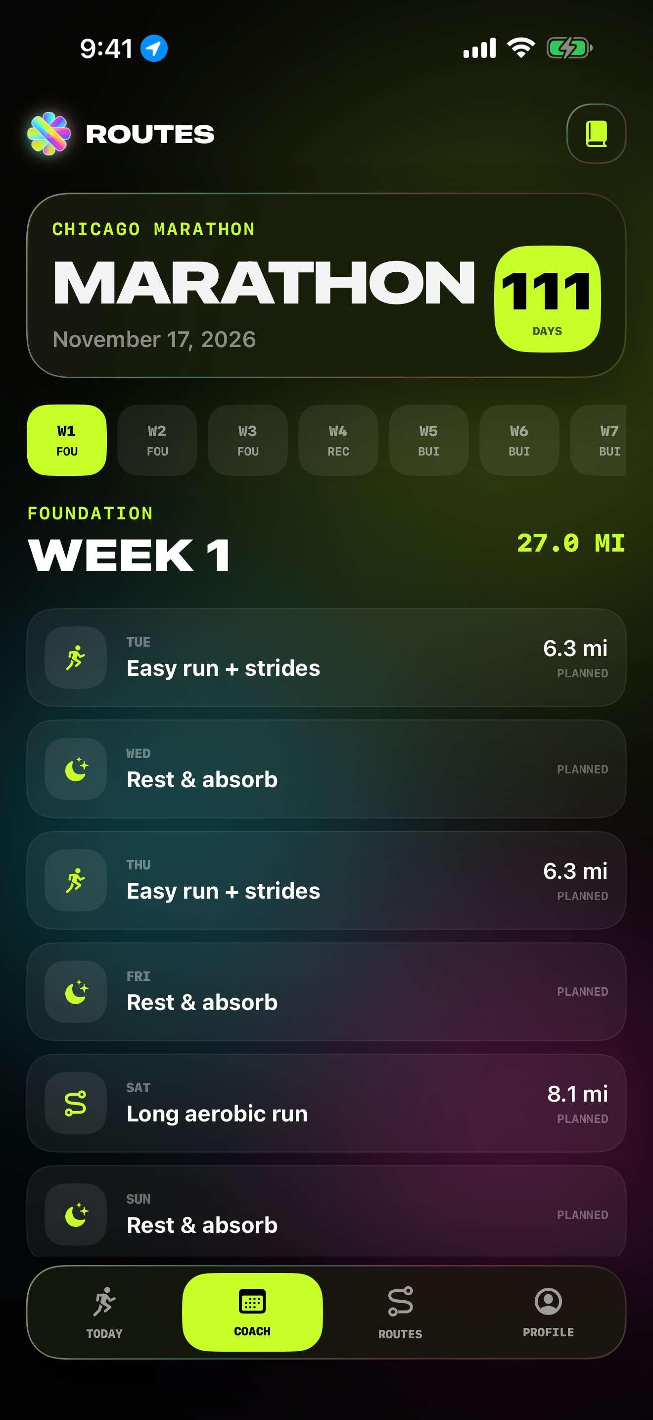 Routes Coach screen showing an adaptive race-training plan