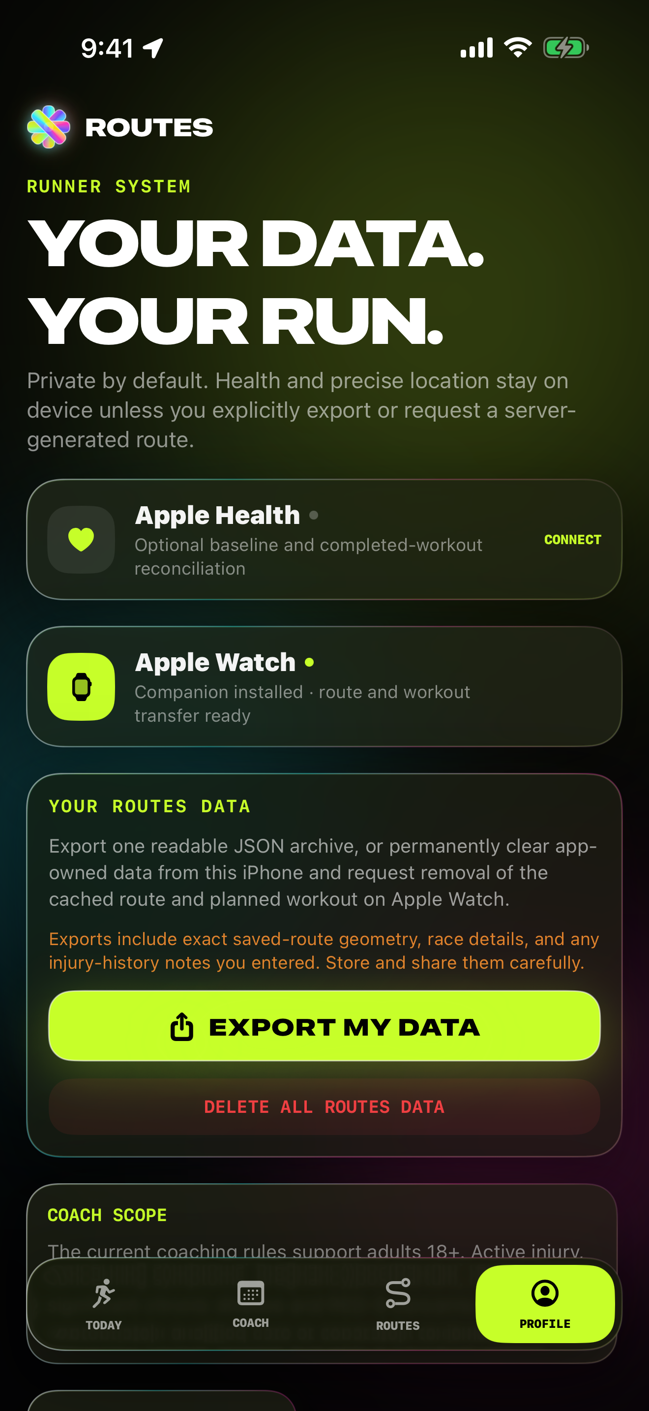 Routes profile screen with running preferences and training settings