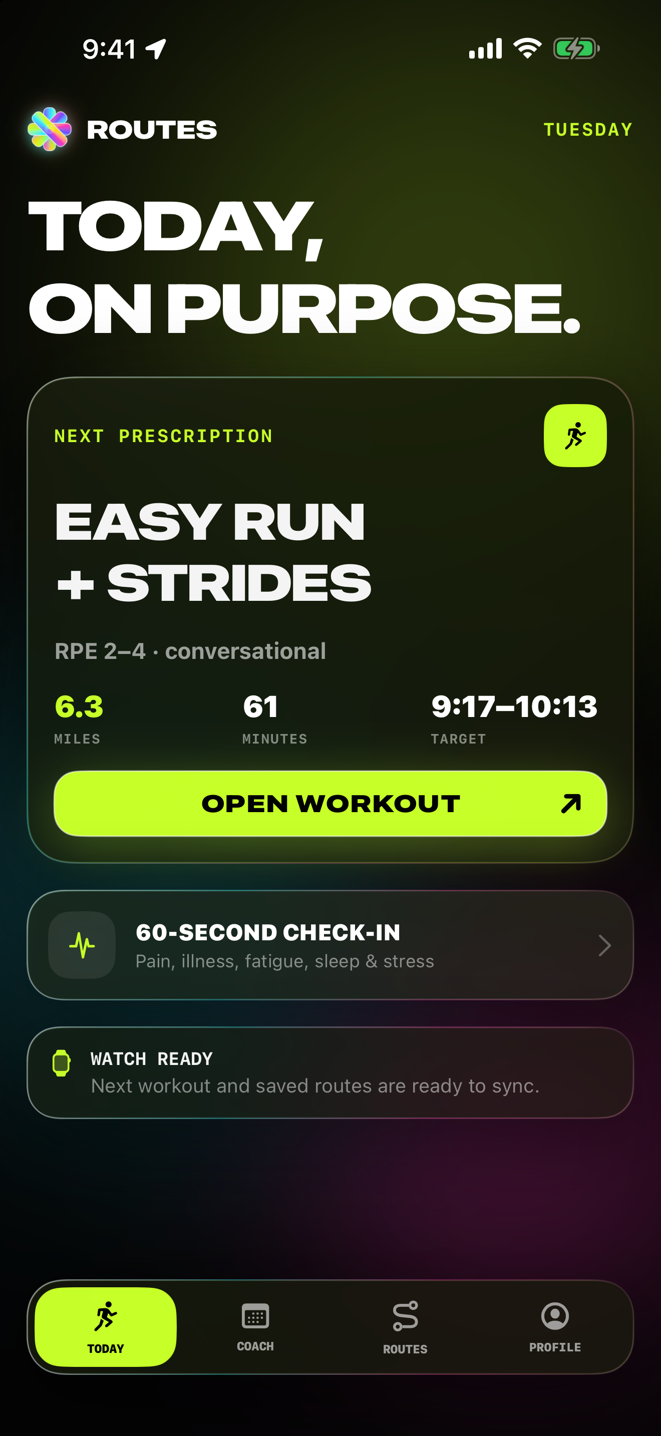 Routes Today screen showing the next run and current training week