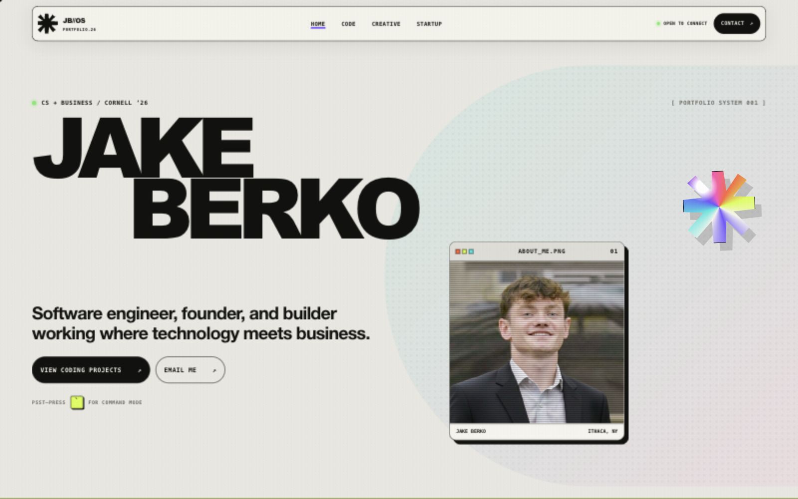 Jake Berko portfolio homepage with bold retro-futurist typography and a technical window interface