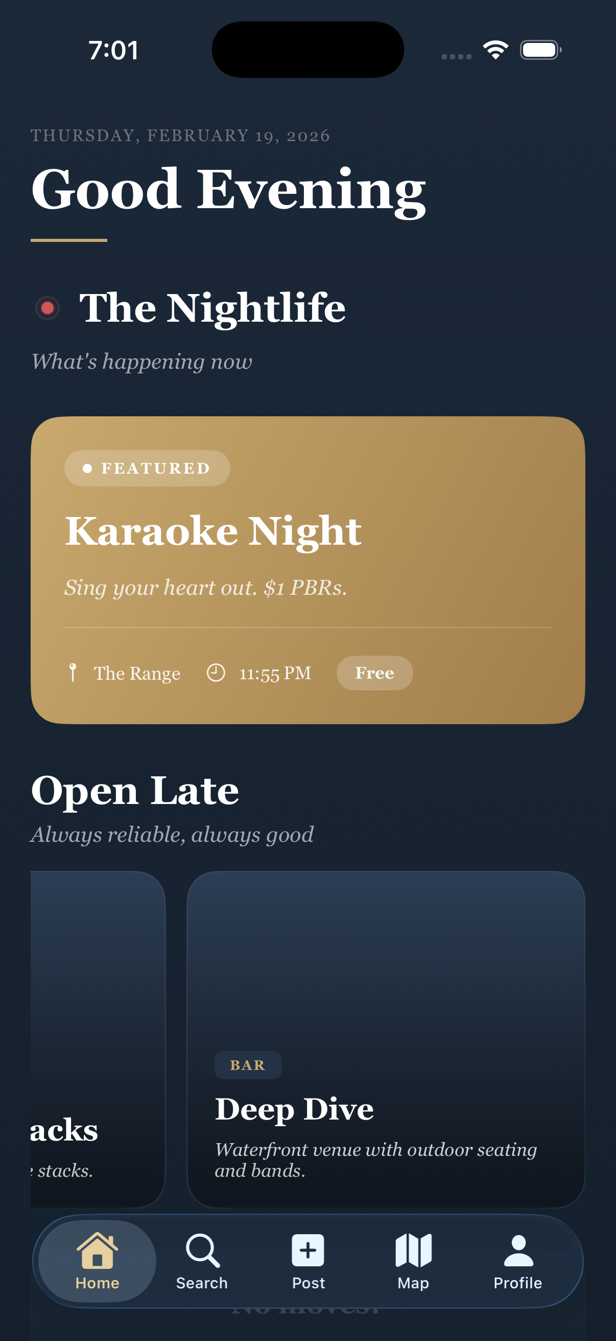 The Move home screen featuring a local karaoke night and open-late venues
