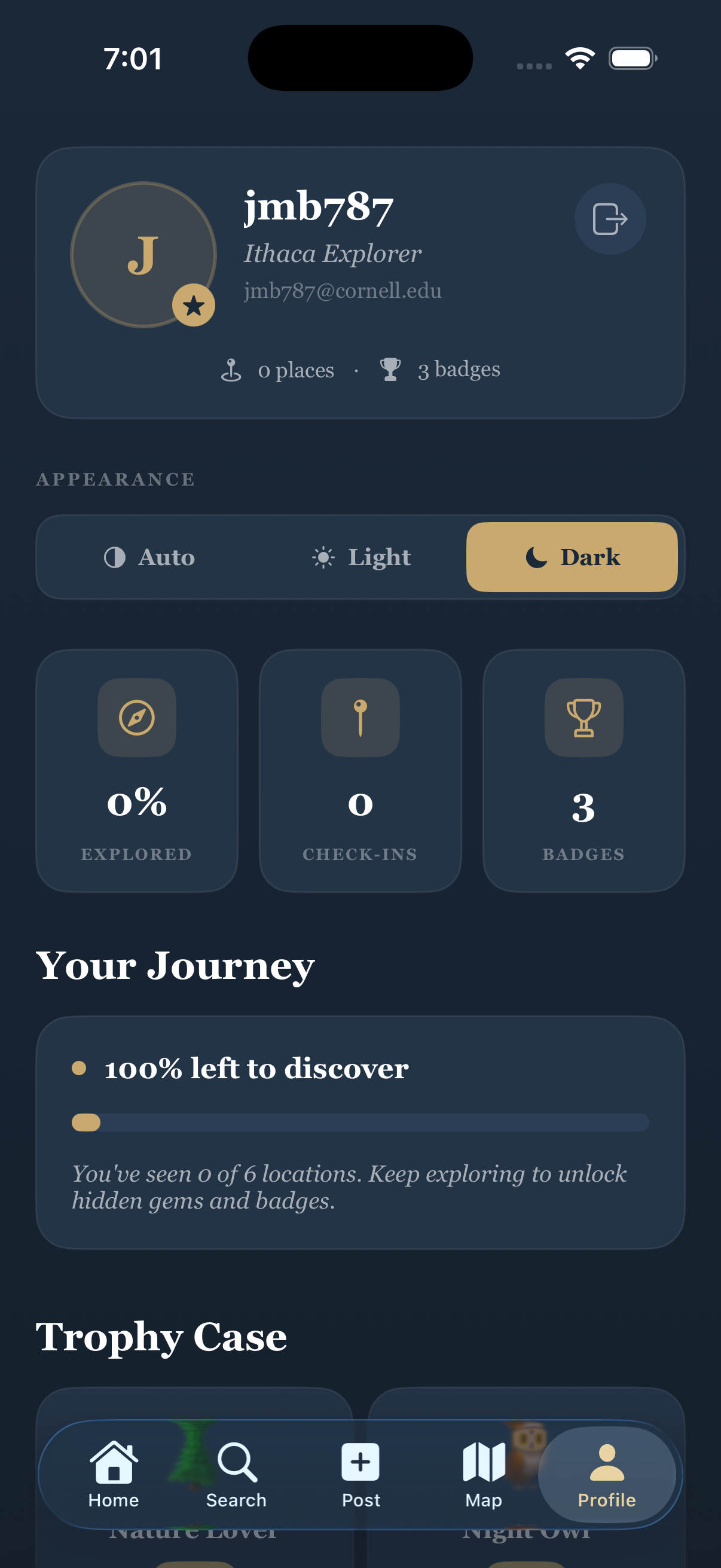 The Move profile screen with appearance controls, exploration progress, and badges