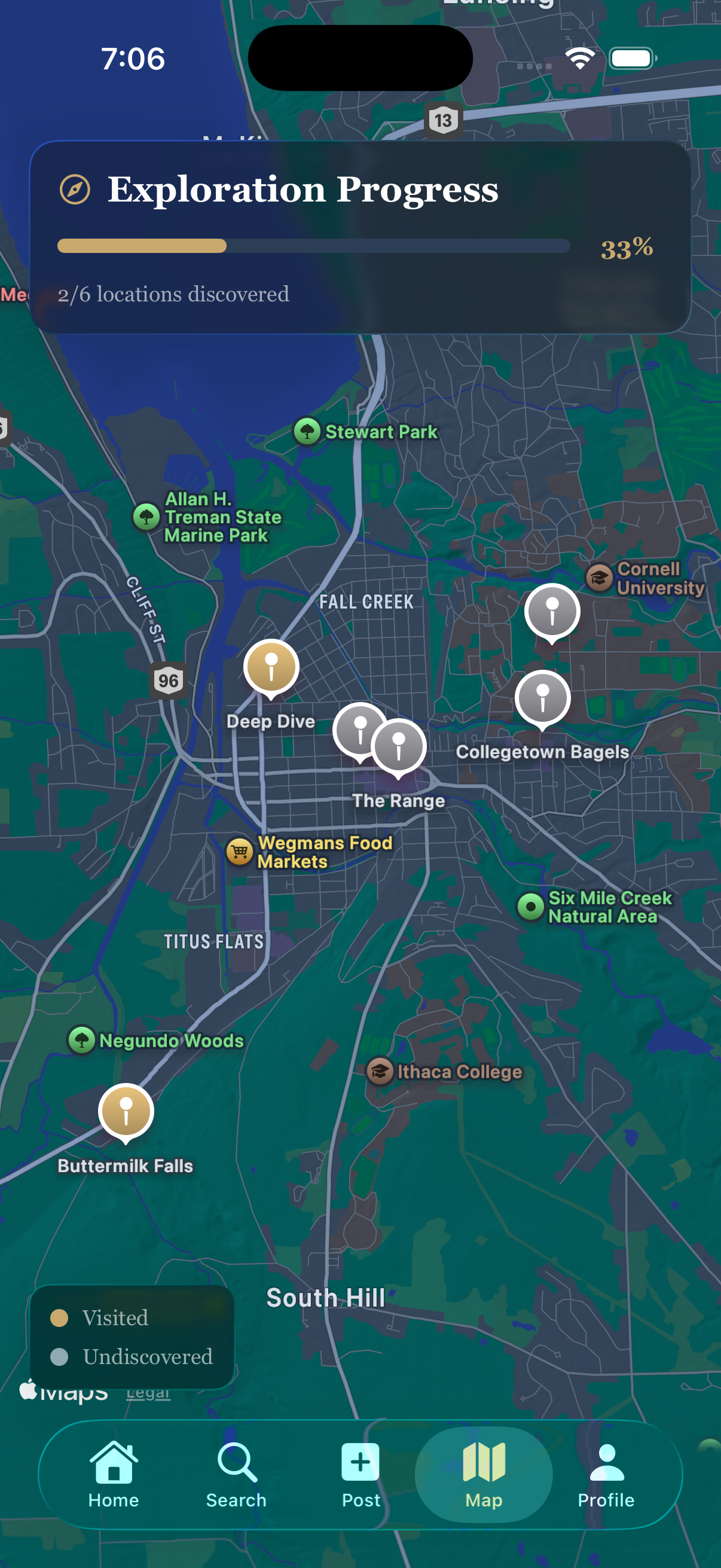 The Move map screen showing local places and exploration progress around Ithaca