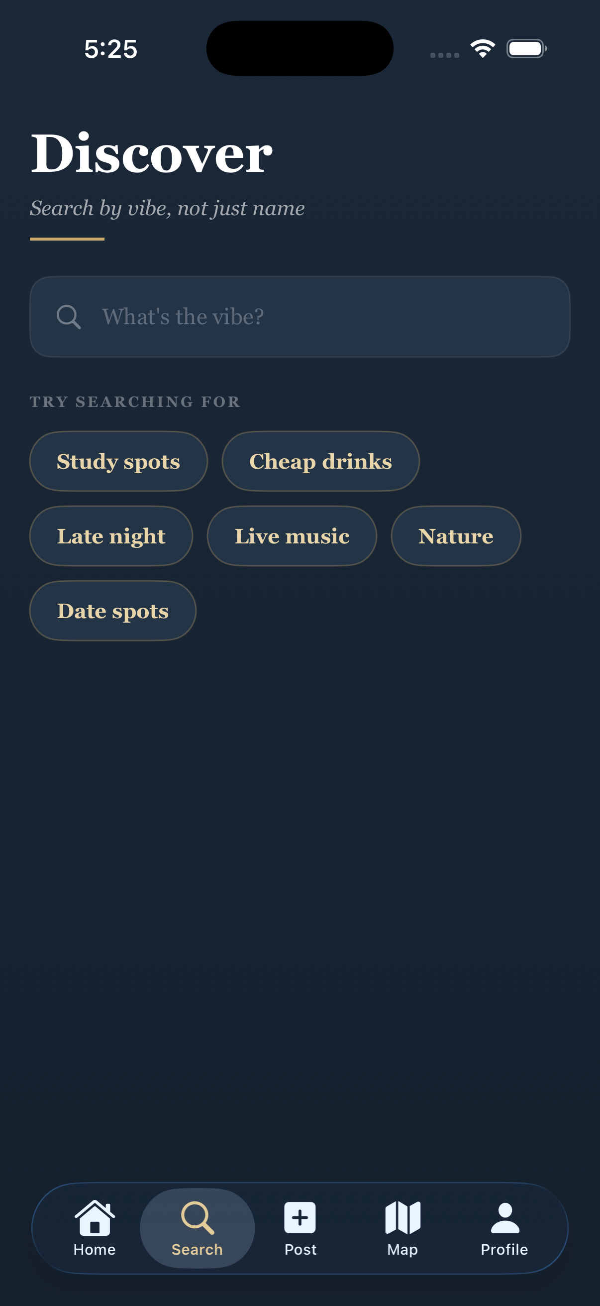 The Move discovery screen with searches for study spots, live music, nature, and more