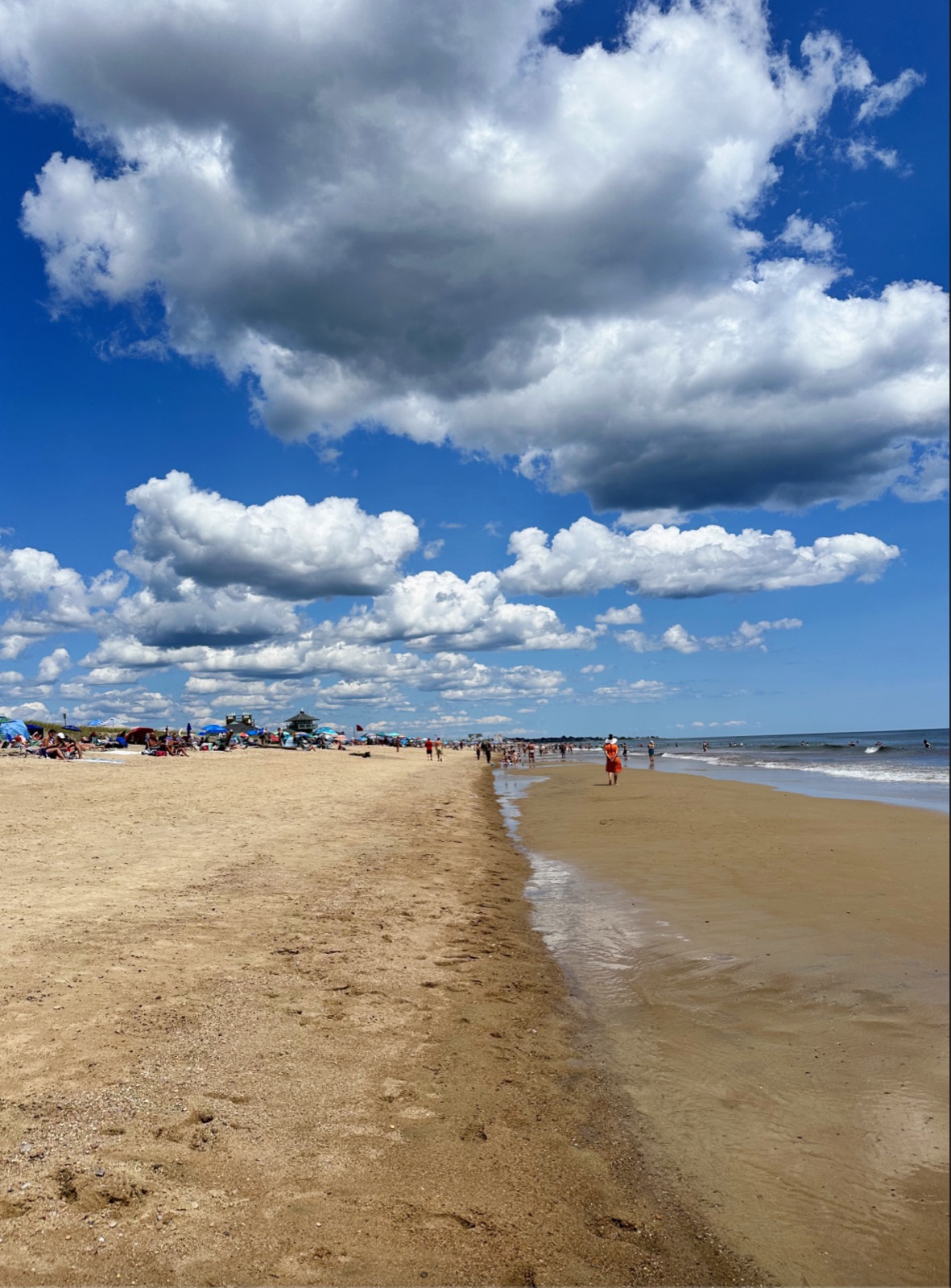 Crowded sandy beach with umbrellas and swimmers beneath towering cumulus clouds